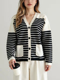 And Winter Single-Dcup Buckle V-Neck Pocket Knitted Cardigan New Striped Impact