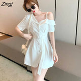 Shoulder Short Sleeve Dresses Solid Harajuku Vintage Elegant Fashion Korean Mini Summer Chic Females Party Clothes