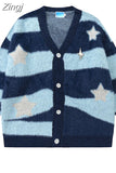 Striped Star Long Sleeve Y2K Sweater Oversized Cardigan V-Neck Couples Knitted Women Coats Autumn Sueter Mujer