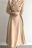 Double-Breasted V-Neck Lace-up Belt Office Lady A-Line Long Sleeve Slim Waist Pleated Midi Dress Women Korea Autumn