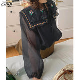 Flower Embroidery Blouse Women Sweet Kawaii Peter Pan Collar White Shirt Female Elegant Lace Up Lantern Sleeve Loose