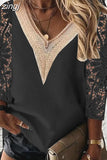 V-neck Stitching Hollow Lace Shirt Women Long Sleeve Chiffon Pullover Blouse Women Casual Lady Slim Tops Elegant