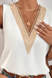 Summer Sleeveless Tank Tops V-neck Chiffon Shirt Woman Lace White Satin Blouse Casual Loose Office Lady Elegant