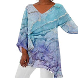 Women's Clothing 2025 Summer New T-Shirt Casual Loose Irregular Print Long-Sleeved V-Neck