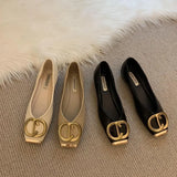 Women 2025 Spring New Design Sense Of Niche Soft Leather Light-Mouthed Metal Buckle Shoes Flat-Soled Grandmother