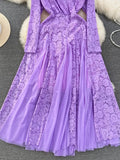 Autumn Women Mesh Patchwork Lace Long Dress Vintage V-Neck A-Line Elegant Party Maxi Robe Purple/White/Green Vestido