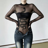 Velvet Snake-Print Sexy Perspective Mesh Yarn Laming Small Babes Half-High Collar Elastic Long-Sleeved