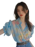 Spring And Summer New Small Shirt French Single Special Top Design Small Smell Blue Printed