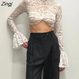 Lace See Through Petal Long Sleeve T-shirt Women Hollow Out O Neck Slim Patchwork Top Sheer Tees Fashion