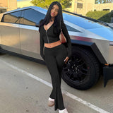 Zingj Style New Zip Long Sleeve Hooded Top High Waist Horn Trousers Fashion Two-Piece Suit