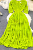 Women Pleated Long Dress Vintage V-Neck Short Sleeve High Waist A-Line Green/Blue/Brown Big Swing Maxi Vestidos