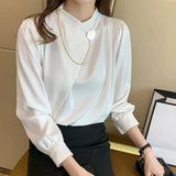 Women's Shirts Solid Satin Blouses for Women Chain Asymmetric Blouse Women Long Sleeve Top White O-neck Female 2023 Basic