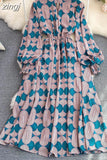 Vintage Women Printed Dress Female Elegant Stand Collar Lantern Long Sleeve High Waist A-Line Midi Vestidos New