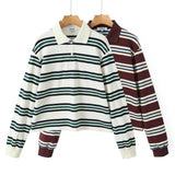 Autumn New Women's College Style Bumpy Horizontal Striped POLO Shirt Long-Sleeved T-Shirt