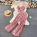 Zingj Holiday Set Temperament V Collar Sling Vest Heavy Pleated Micro Wide Leg Pants