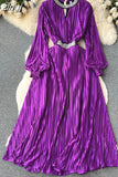 Autumn Women Satin Pleated Party Dress Vintage Diamonds Patchwork Hollow Out Lantern Sleeve Draped Elegant Robe
