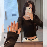 Design Label Large Round Neck Long-Sleeved T-Shirt Women's Early Autumn Low-Collar Bottomed Blouse Threaded Slim