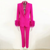 New Luxury Ostrich Feathers Hot Green Fruit Collar Blazer Trousers Suit Suit
