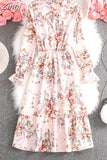 Women Casual Spring Autumn Dress Korean Style Vintage Floral Printed Shirt Dress Long Sleeve Elegant Bow Midi Summer