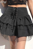 Harajuku Gothic Dark Academia Lace Trim Pleated Skirt Vintage Tie Up High Waist Skirt Mini Woman Goth Skirts