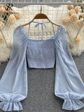 Zingj Polka Dot Folds Short Blouse Summer Slash Neck Long Sleeve Women Tie Halter Elastic Waist Fashion French Beach Top 211-1-Outfit