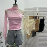 Shooting Mesh Ribbon Hanging Neck Folded Sleeveless Top Babes Two-Wearing Design Wrapping Bras