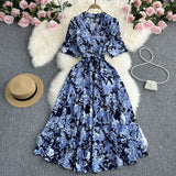 Zingj Summer New Temperament Shirt Dress Female Print Close Waist Over The Knee Big Place Socialite Floral Long Skirt