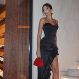 Black Asymmetrical Ruffled Midi Dress- Outfit
