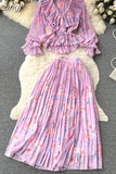 Autumn Women Draped Floral Two Piece Set Vintage Flower Printed Ruffle Blouse + High Waist Pleated Skirt 2Pcs Suits