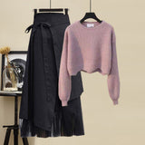 Women Winter Patchwork Long Sleeve Knitted Tops + Asymmetric Skirt 2 Piece Suit Female Party Elegant Two Piece Set 211-0-Outfit