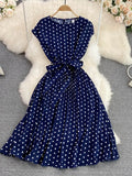 Vintage Polka Dot Pleated Dress Women Red/Green/Black Draped Knee Length Vestidos Female Elegant Robe New