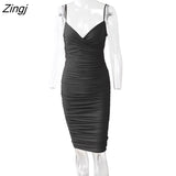 Spaghetti Strap Backless Ruched Dress Solid Sleeveless Long Dresses Ladies Streetwear Elastic Modal Party Vestidos