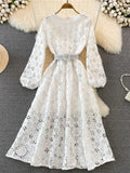 Yellow/Red/White Hollow Out Lace Long Dress Vintage O-Neck Puff Sleeve High Waist A-Line Big Swing Maxi Party Vestido