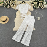 Zingj Socialite Style Suit Female Summer Lace Embroidery Hollow Out V Neck Tied Waist Short Shirt Jacket Wide Leg Slim