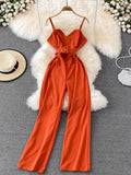 Sexy Women Romper Female Red/Orange/Black Sleeveless High Waist V-Neck Wide Leg Playsuit With Sashes New Fashion