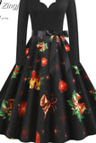 Women Elegant Vintage Christmas Party Dress Long Sleeve V Neck High Waist Casual Midi Xmas Winter Clothing S~3XL