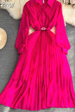 Autumn Women Turn-Down Collar Pleated Long Dress Vintage Single Breasted Lantern Sleeve High Waist Draped Maxi Robe