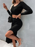 And Winter 2025 New Women's Pure Color Knitted Round Collar Collar Collar Long Sleeve Open Fork Dress Two Sets Of