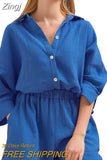 Women's 2 Piece Casual Outfits Loungewear Set Loose Comfy Long Sleeve Button Down Shirt + Elastic Waist Mini Shorts