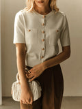 Simple Elegant Double Pocket Metal Buckle Knitted Top Temperament Round-Neck