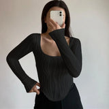 Women's Clothing 2025 Autumn Explosion U Collar Top Water Corrugated Body-Closing Sexy Long-Sleeved T-Shirt