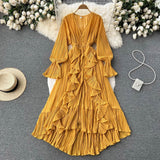 Zingj Sexy Solid Color V-Neck Pleated Flounce Flared Sleeve To The