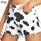 Streetwear Women's Black White Denim Shorts Casual Cows Printed High Waist Jeans Short