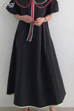 Pan Collar Summer Dress women Solid Beige Black ladies Casual Long Dress Girls Cute Holiday Woman Dress Robe