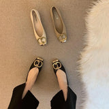 Women 2025 Spring New Design Sense Of Niche Soft Leather Light-Mouthed Metal Buckle Shoes Flat-Soled Grandmother