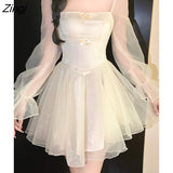 Sweet Fairy Mini Dresses Women Korean Slim Flare Sleeve Sexy Bodycon Dress Autumn Elegant Women's Dresses for Party