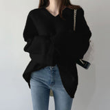 V-Neck Solid Color Loose SweaterOutfit