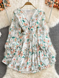 Women Green/Purple/Beige Floral Chiffon Dress Bohemian V-Neck Lantern Long Sleeve High Waist Ruffle Vestidos Female