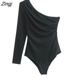 Women Fashion Solid Color Single Shoulder Pleats Asymmetrical Bodysuits Ladies Long Sleeve Playsuits Mujer Rompers