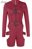 Women Bodycon Buckle Cut Out Biker Rompers Sexy Long Sleeves Hollow Out Clubwear Bodysuit One Piece Short Jumpsuit